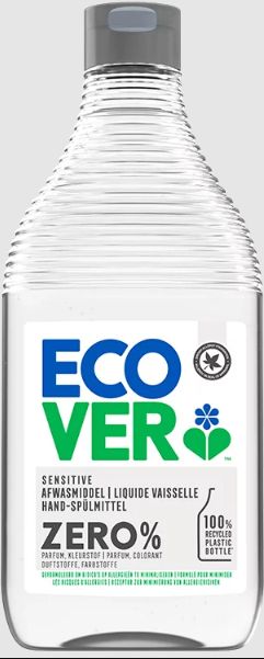 Ecover Afwasmiddel zero in 450ml bottle, eco-friendly dish soap with natural cleaning ingredients, shown in a kitchen setting.