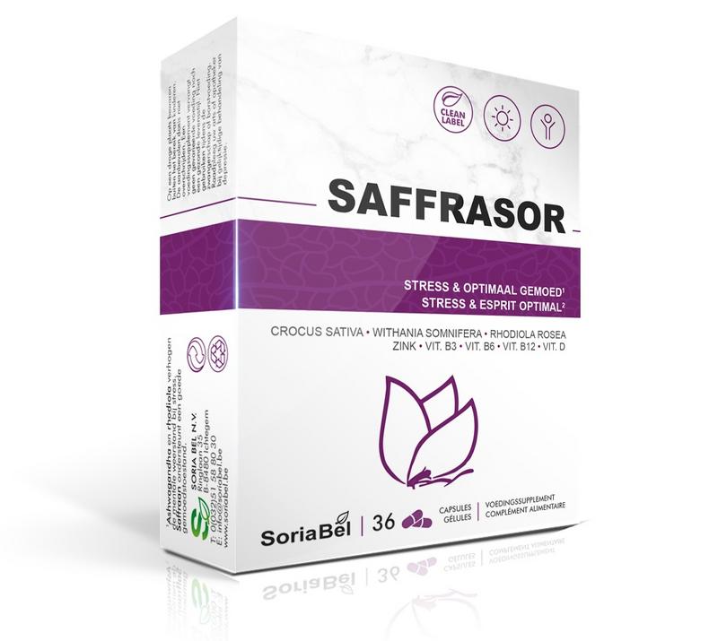 SoriaBel Saffrasor 36 capsules of herbal supplement with saffron extract in a clear bottle with capsules visible inside.