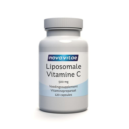 Nova Vitae Liposomaal vitamine C capsules, 120 vegetarian capsules, close-up of the supplement bottle with capsules inside