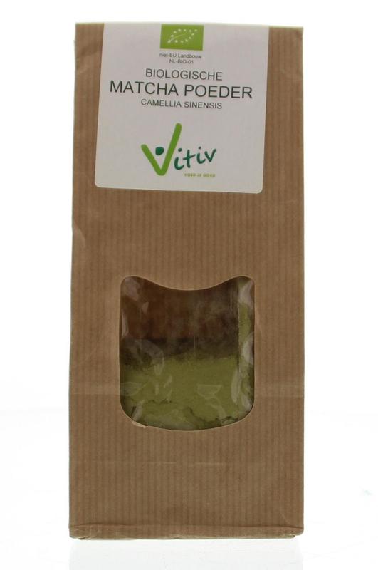 Vitiv Bio Matcha Powder 100g, vibrant green matcha in a resealable package, used for tea and culinary recipes.