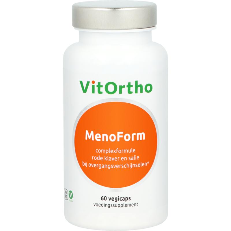 Vegetarische capsules van VitOrtho MenoForm vh menopauze formule, kruidenpreparaat voor ondersteuning bij de menopauze.
