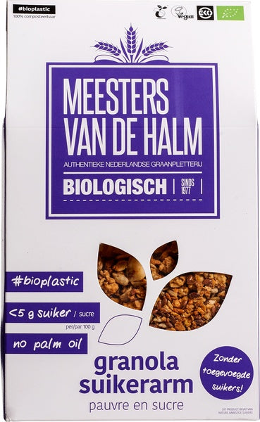 De Halm suikerarme biologische granola ontbijtgranen in 350g verpakking, with a bowl of granola and fresh fruit.