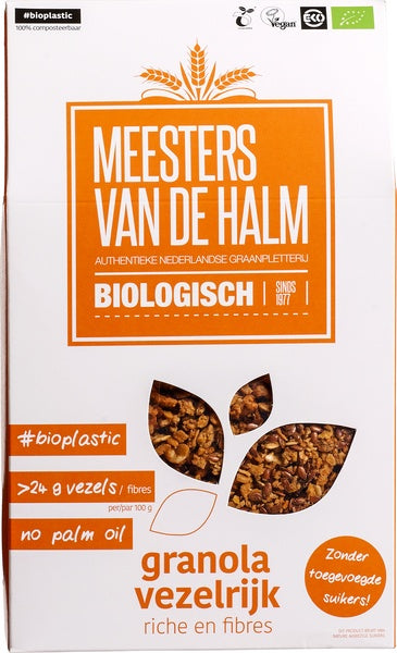 De Halm Granola vezelrijk bio ontbijtgranen in 350g pack, showing a bowl of crunchy, fiber-rich organic cereal.