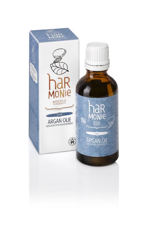Harmonie Argan olie 50ml bottle, natural body care product with a clear glass container and dropper cap.