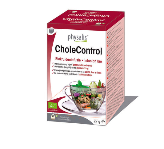 Physalis Cholecontrol bio herbal tea in a box with 20 tea bags, featuring natural ingredients and eco-friendly packaging.