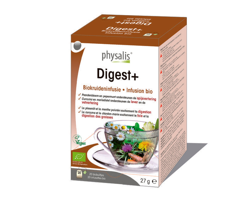 Physalis Digest+ organic tea in a box with 20 tea bags, featuring fresh herbs and natural ingredients for digestive health.