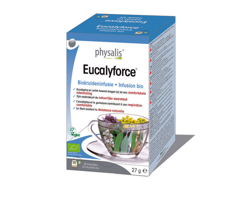 Physalis Eucalyforce thee bio in 20 tea bags, featuring fresh eucalyptus leaves and natural ingredients for soothing tea.