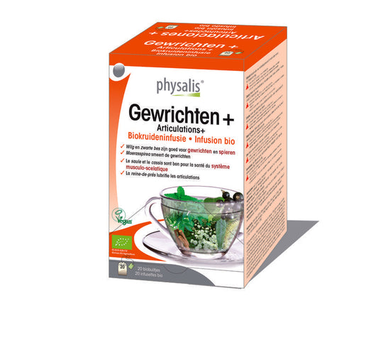 Physalis Gewrichten+ thee bio, 20 zakjes, organic herbal tea with Physalis branding, in a box with tea bags visible.