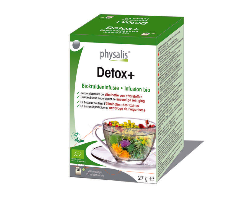 Physalis Detox+ bio tea in a box with 20 sachets, showcasing the herbal tea packaging and branding.