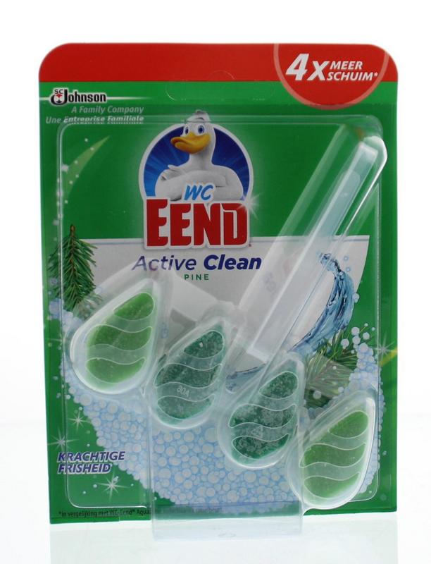 WC Eend active clean pine toilet cleaner block, 38.60 grams, fresh pine scent, designed for toilet hygiene and freshness.