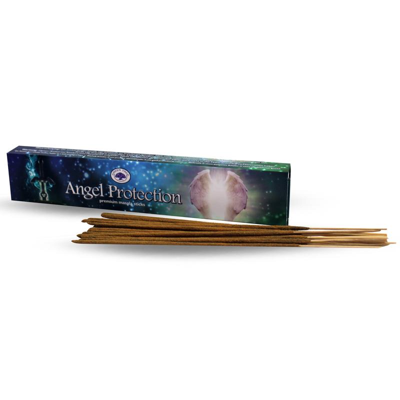 Green Tree angel protection incense sticks in 15 grams, natural aroma, featuring green packaging and wooden sticks.
