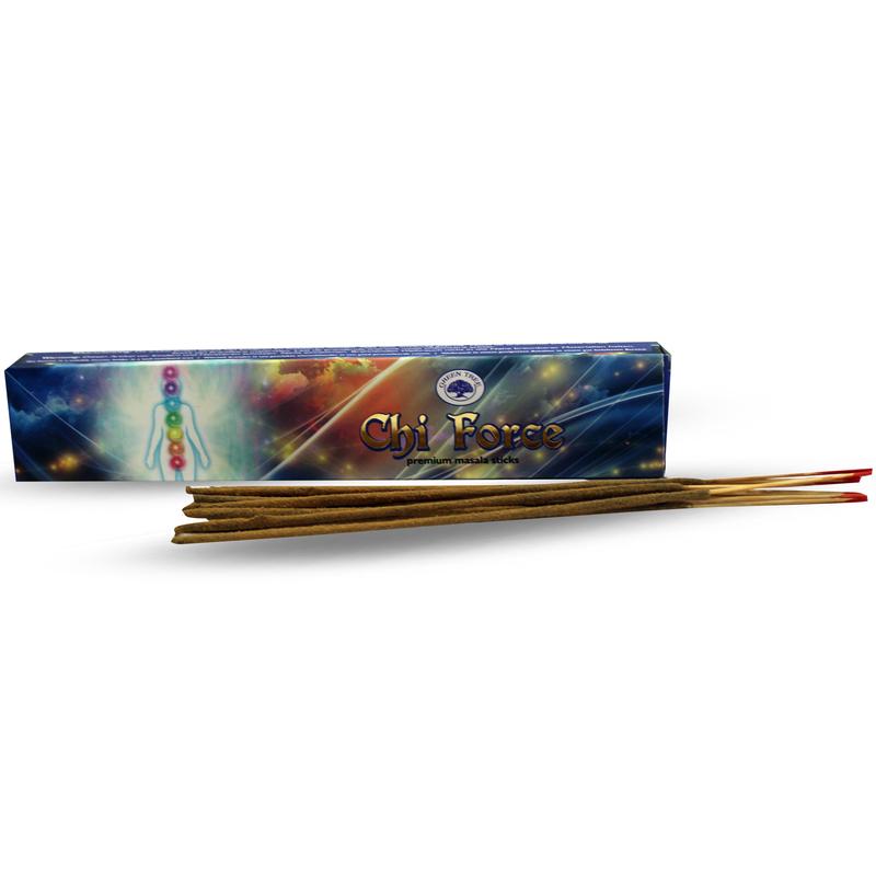 Green Tree Wierookstokjes incense sticks in a 15g package, featuring vibrant green packaging and natural wood stick appearance.