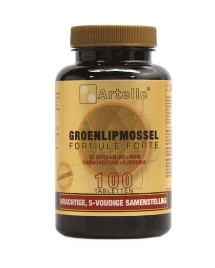 Artelle Groenlipmossel formule forte mineral supplement in a bottle of 100 tablets, showing the packaging and tablets.