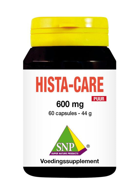 SNP Hista-care 600 mg puur herbal supplement capsules, 60 count, with herbal ingredients in clear plastic bottle.