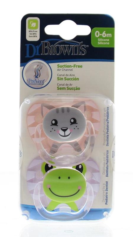 Dr. Brown's Fopspeen prevent animal faces, pink, set of 2, soft baby pacifiers with animal designs for infants.