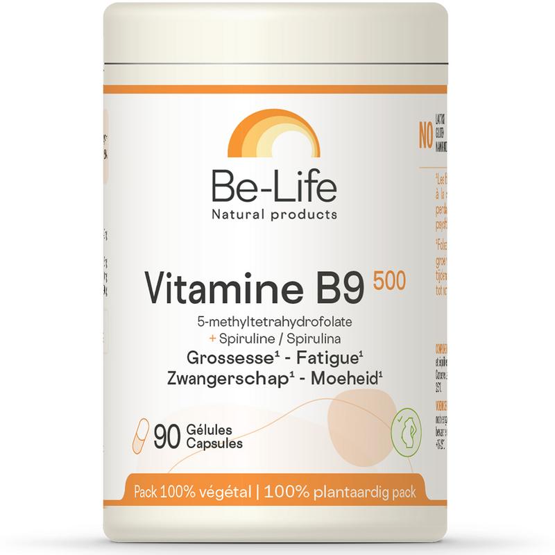 Be-Life Vitamin B9 capsules in a bottle, dietary supplement for folate support, 90 capsules.