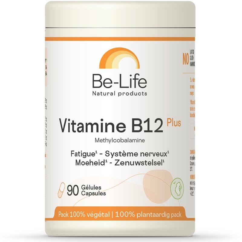 Be-Life Vitamin B12 plus capsules, 90-count bottle, showing the supplement bottle and label with vibrant design.