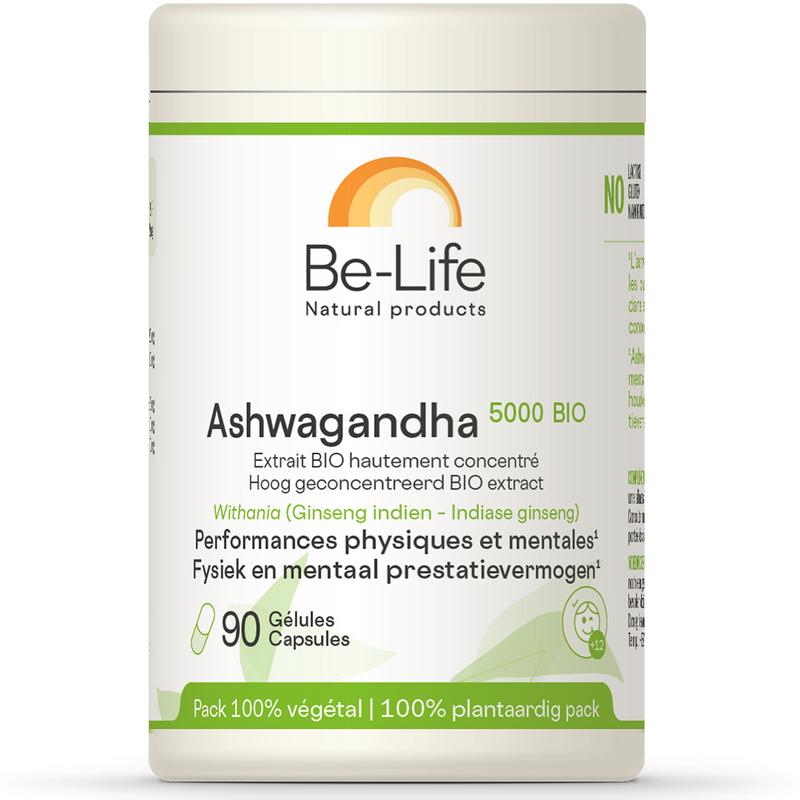 Be-Life Ashwagandha 5000 bio herbal capsules, 90-count, showing the supplement bottle with label and capsules inside.