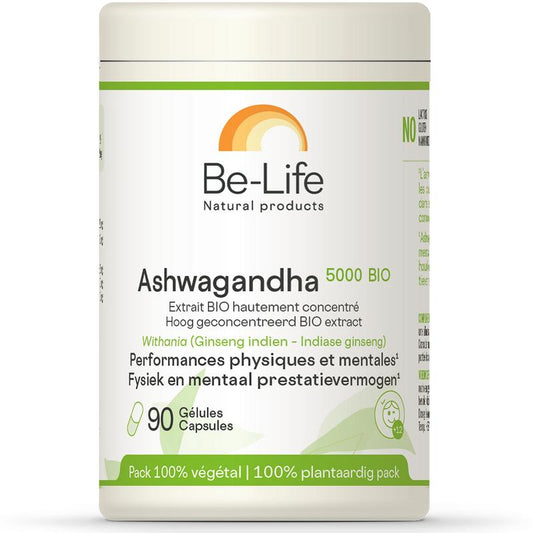 Be-Life Ashwagandha 5000 bio herbal capsules, 90-count, showing the supplement bottle with label and capsules inside.