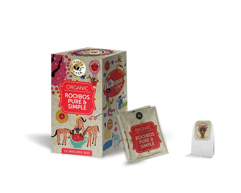 Organic Ministry of Tea Rooibos pure & simple herbal tea in 20 tea bags, featuring deep red rooibos leaves in a clear tea bag.
