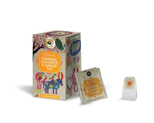 Organic turmeric, liquorice, and ginger tea bags from Ministry Of Tea, displayed in a box with 20 biodegradable sachets.