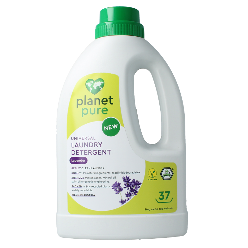 Planet Pure liquid laundry detergent in lavender scent, 1480ml, showcasing the translucent bottle with lavender flowers and detergent inside.
