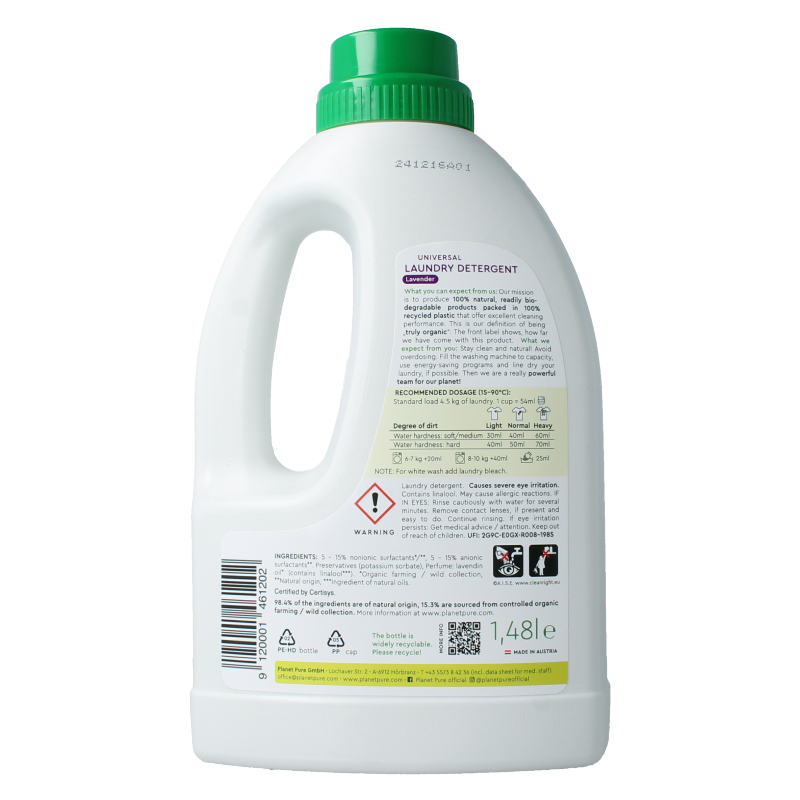 Planet Pure universeel lavendel vloeibaar wasmiddel in 1480 ml bottle, showing the label and transparent container