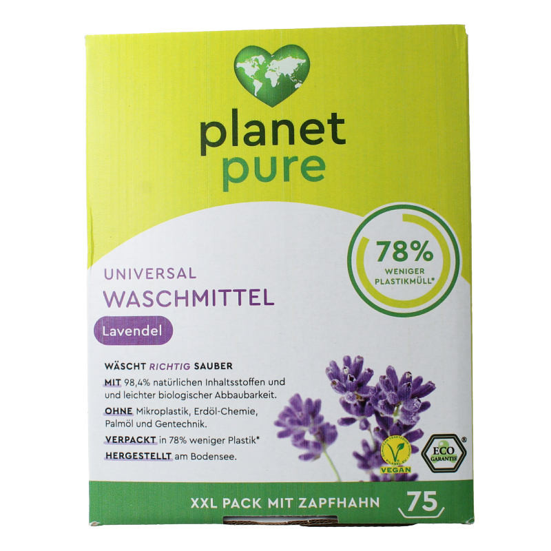 Planet Pure liquid universal laundry detergent with lavender scent in a 3-liter bottle, perfect for gentle and effective washing.