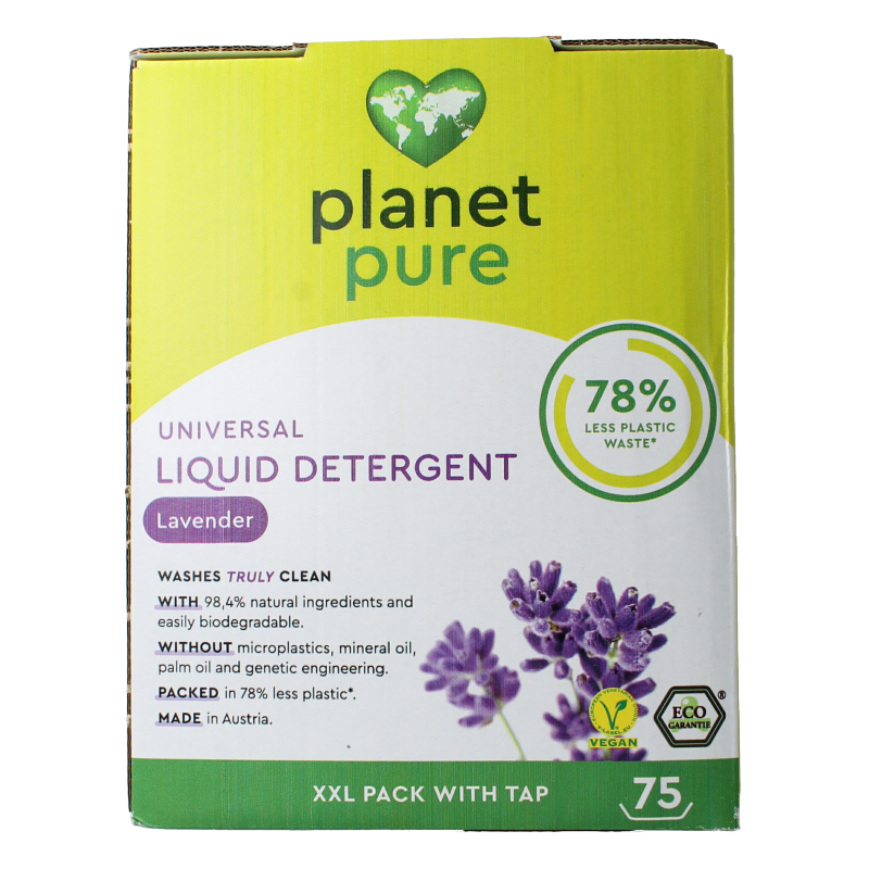 Liquid laundry detergent by Planet Pure, lavender scent, 3-liter bottle, versatile universal washing product.