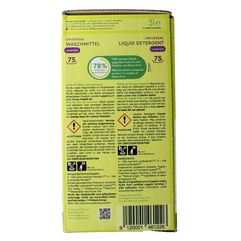 Liquid laundry detergent by Planet Pure, lavender scent, 3-liter bottle, suitable for all laundry types, eco-friendly cleaning product.