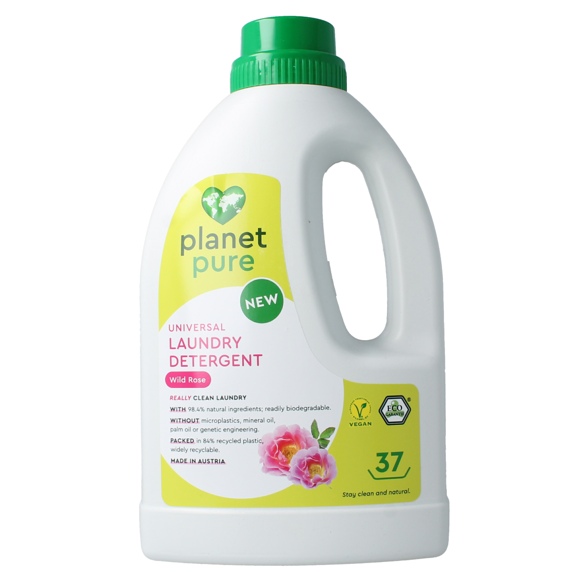 Liquid universal laundry detergent by Planet Pure with wild rose scent, shown in a 1480ml bottle.