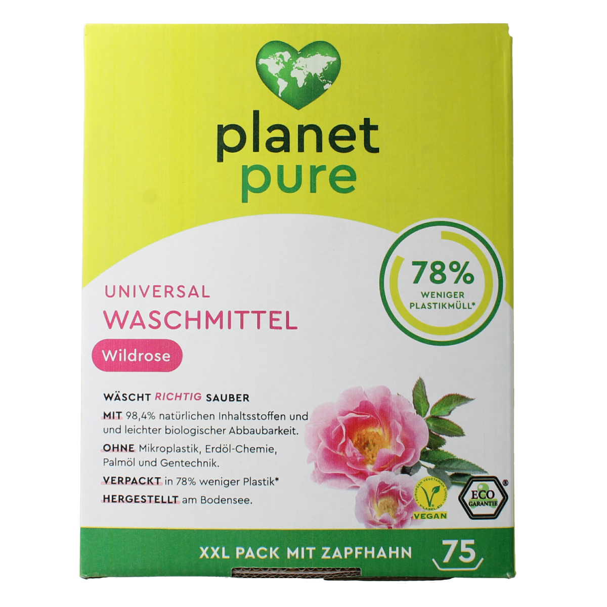 Planet Pure universeel vloeibaar wasmiddel met wilde roos, 3 liter, geschikt voor alle wasbeurten, natuurlijke wasmiddelen.