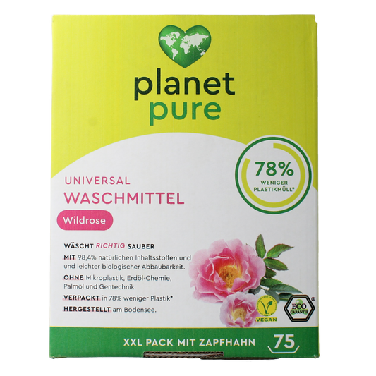 Planet Pure universeel vloeibaar wasmiddel met wilde roos, 3 liter, geschikt voor alle wasbeurten, natuurlijke wasmiddelen.