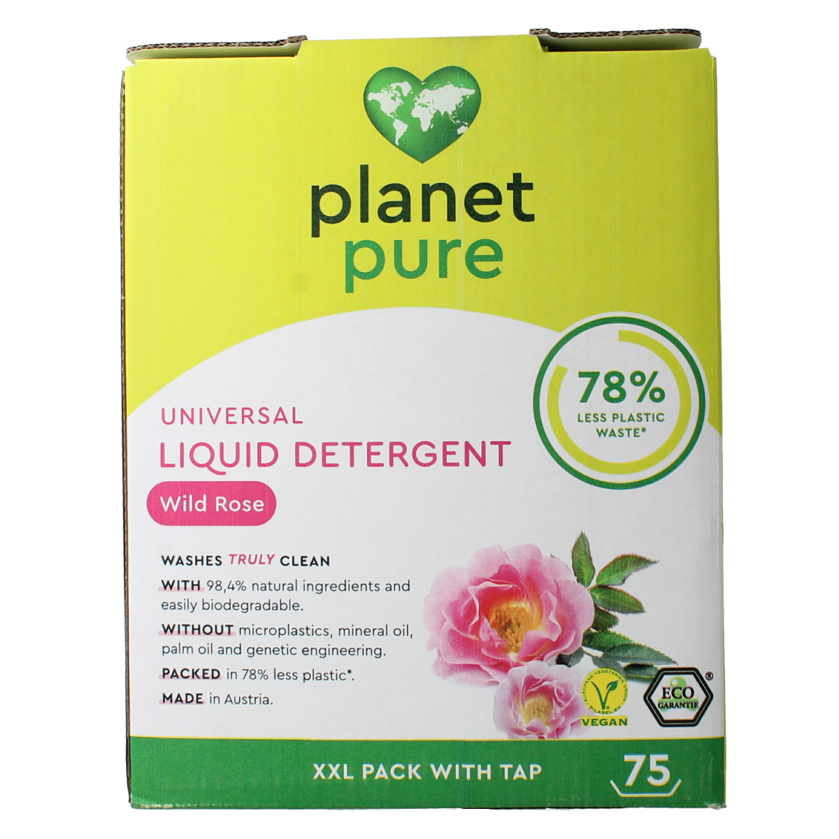 Liquid universal laundry detergent by Planet Pure in wild rose scent, 3-liter bottle with a clean, fresh label design.