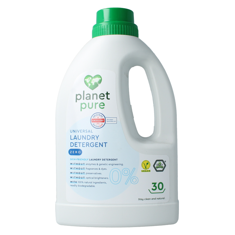 Planet Pure universeel vloeibaar wasmiddel 1500 ml, eco-friendly zero 0%, in a clear bottle with label and cap.