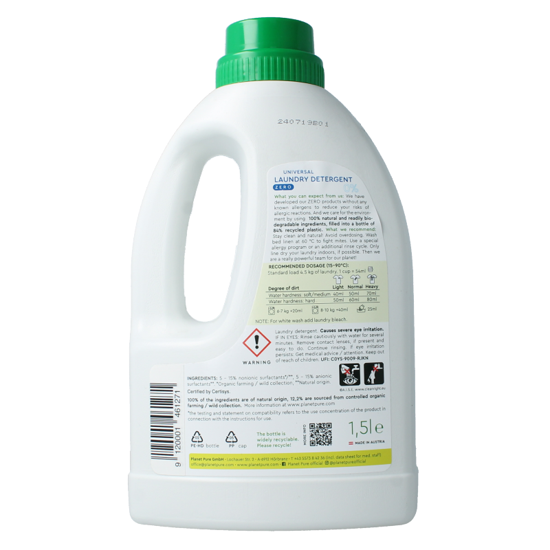 Planet Pure universeel vloeibaar wasmiddel 1500 ml, eco-friendly and zero synthetic ingredients, suitable for all laundry types.