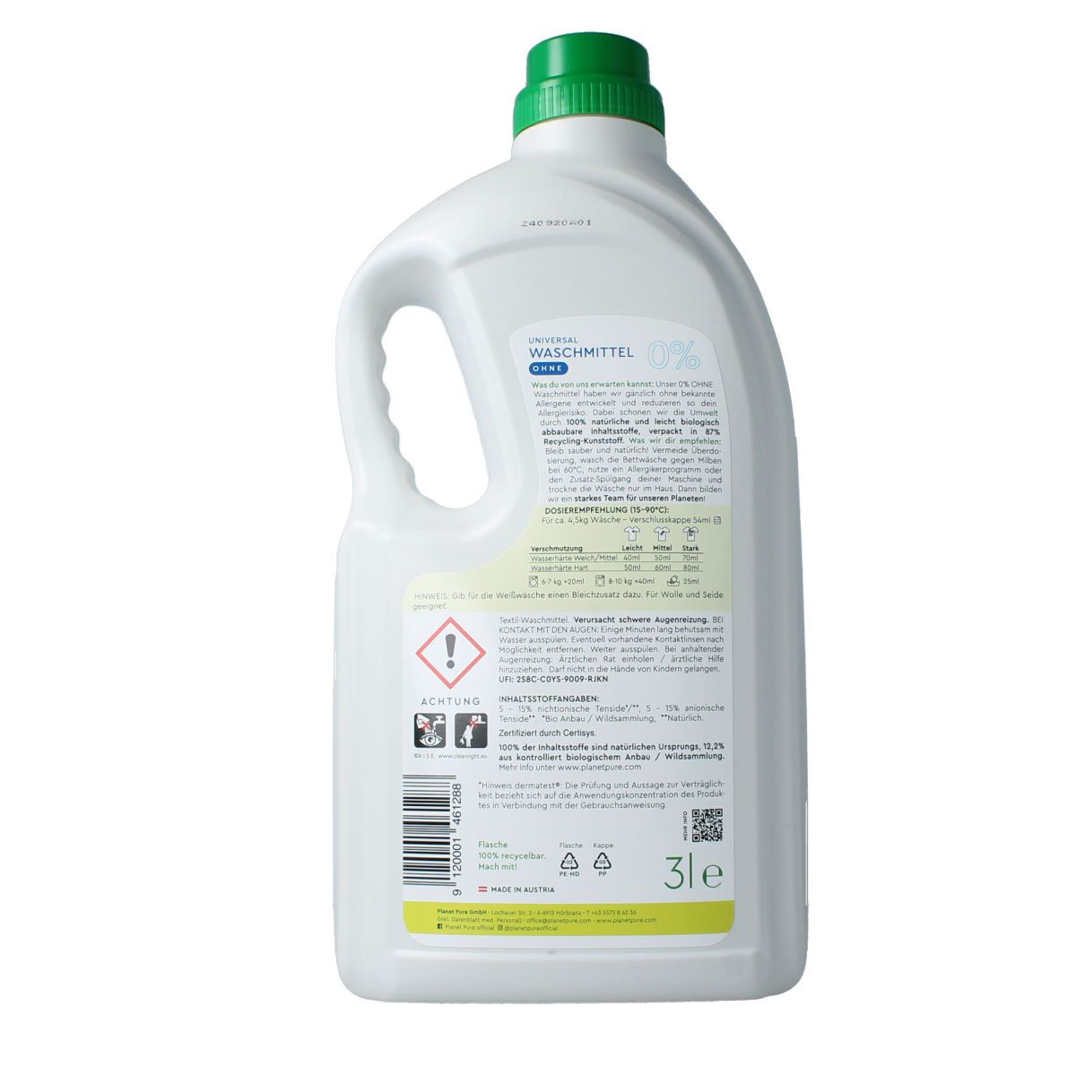 Planet Pure liquid universal laundry detergent 3L bottle, zero percent formula, eco-friendly wasmiddelen for clean, fresh clothes