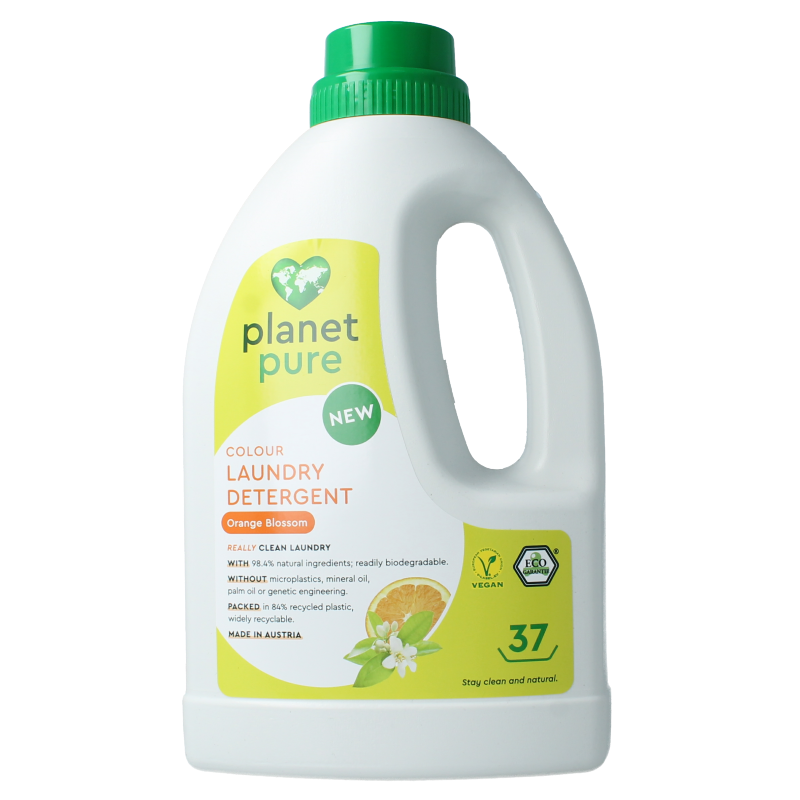 Liquid colored laundry detergent from Planet Pure in a 1480ml bottle, featuring an orange-colored cleaning formula.