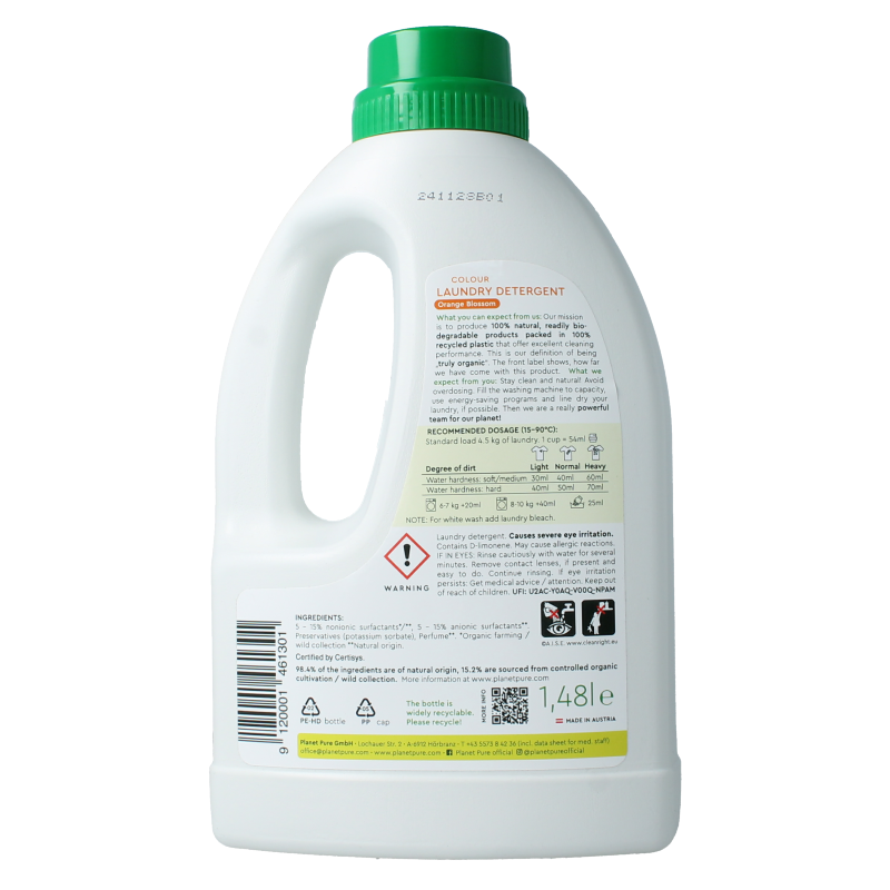 Planet Pure liquid laundry detergent for colored clothes in orange, 1480 ml, natural plant-based washing product.