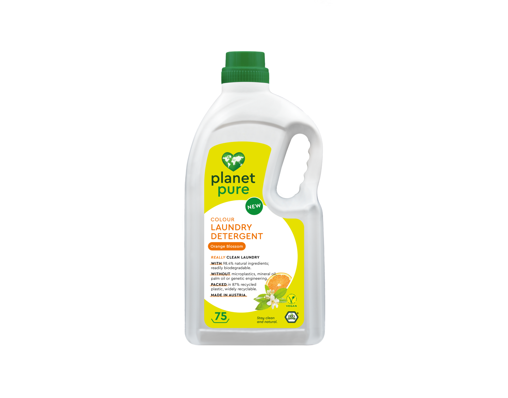 Liquid laundry detergent from Planet Pure in orange for colored clothes, 3 liters bottle, eco-friendly cleaning product.