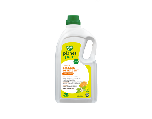 Liquid laundry detergent from Planet Pure in orange for colored clothes, 3 liters bottle, eco-friendly cleaning product.