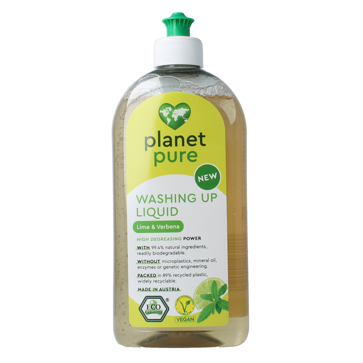 Planet Pure lime and verbena dish soap in 500ml bottle, natural eco-friendly afwasmiddel with fresh citrus scent.