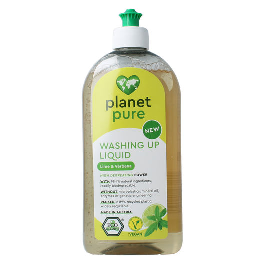 Planet Pure lime and verbena dish soap in 500ml bottle, natural eco-friendly afwasmiddel with fresh citrus scent.