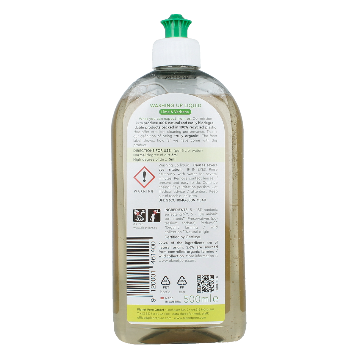 Planet Pure lime and verbena dish soap bottle, 500ml, eco-friendly afwasmiddel with fresh citrus scent and natural cleaning ingredients.