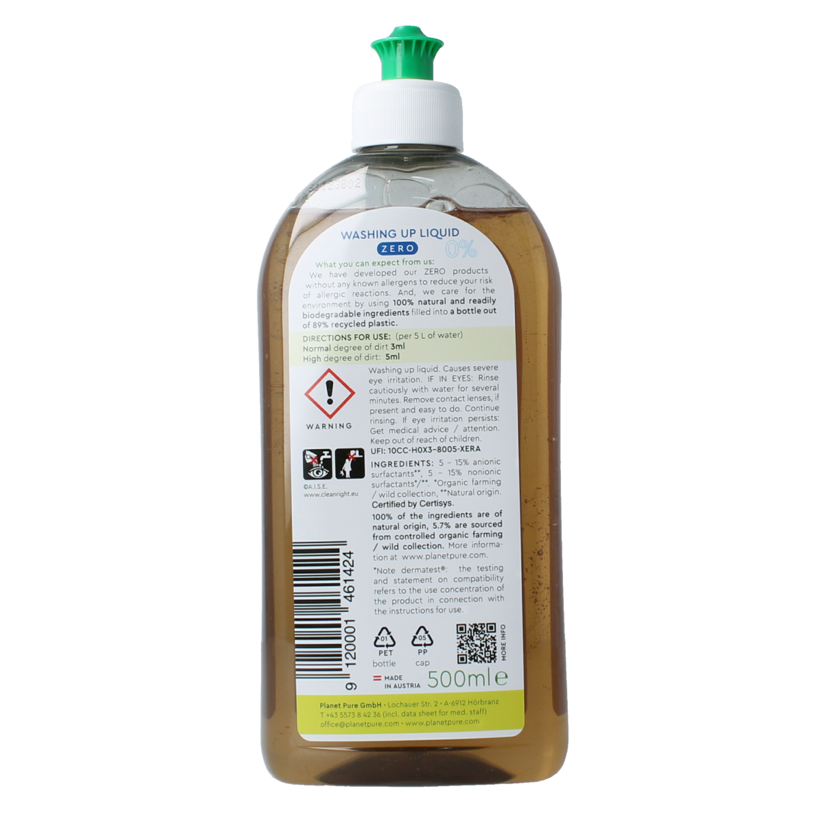 Planet Pure Afwasmiddel zero percent dish soap in a 500ml bottle, natural eco-friendly cleaning product for dishes.