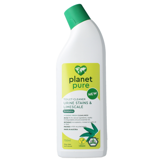 Planet Pure toilet cleaner bottle, 750ml, eco-friendly toilet cleaning product with fresh scent, in a clear plastic container.