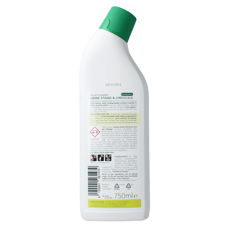Planet Pure toilet cleaner bottle, 750ml, natural bathroom cleaning product with fresh scent, in a clear plastic container.