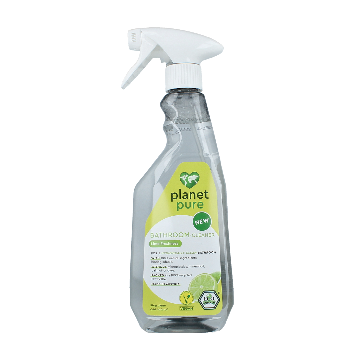 Planet Pure badkamer reiniger lime in 500ml bottle, eco-friendly cleaning product for bathroom surfaces.