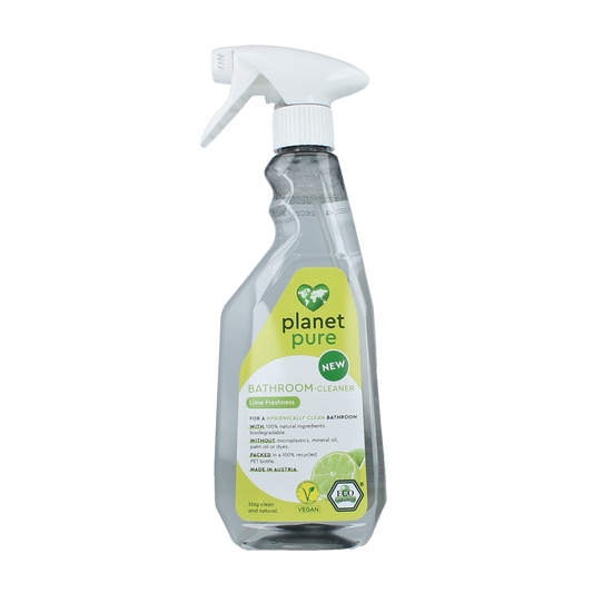 Planet Pure badkamer reiniger lime in 500ml bottle, eco-friendly cleaning product for bathroom surfaces.
