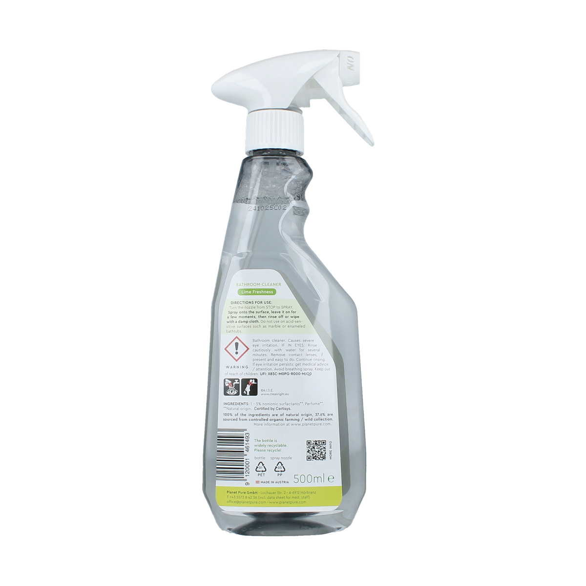 Planet Pure badkamerreiniger lime in 500ml bottle, eco-friendly cleaning product for bathroom surfaces